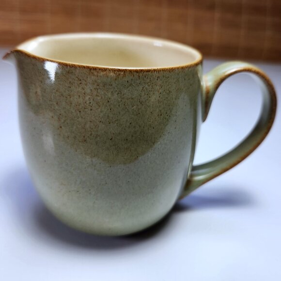 Denby Jug Creamer Pitcher Green Stoneware Pottery 12oz Tan Interior Brown Edges - Picture 2 of 9